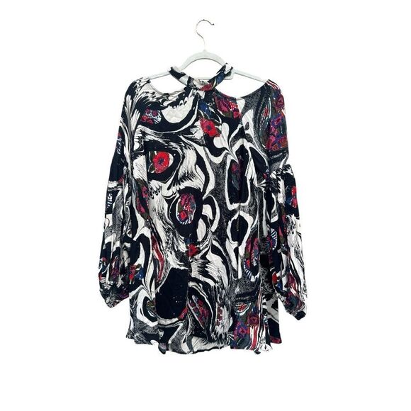 Free People Sz XS Drift Away Cold Shoulder Printed Bohemian Tunic Dress hippie - Picture 3 of 6